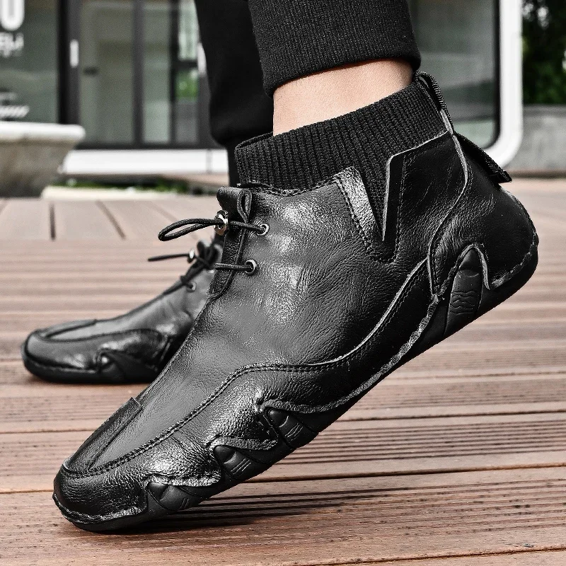 Drawato diy Men's Boots Casual motorcycle Four Season Shoes Waterproof sneakers Black Gentleman's Business shoes Ankle boots Leather mesh